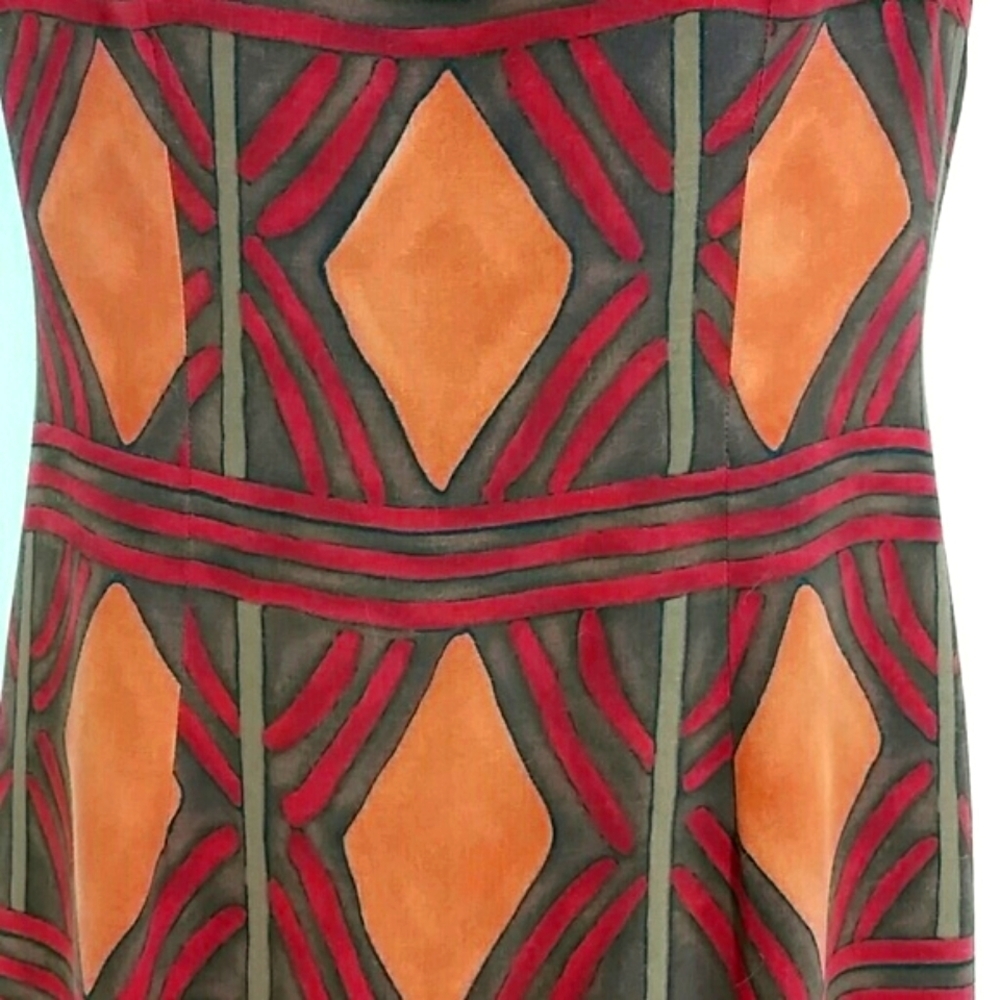 Jeffrey & Dara Size 6 Midi Dress Southwestern Geometric Print Red Orange Brown B - Picture 6 of 6